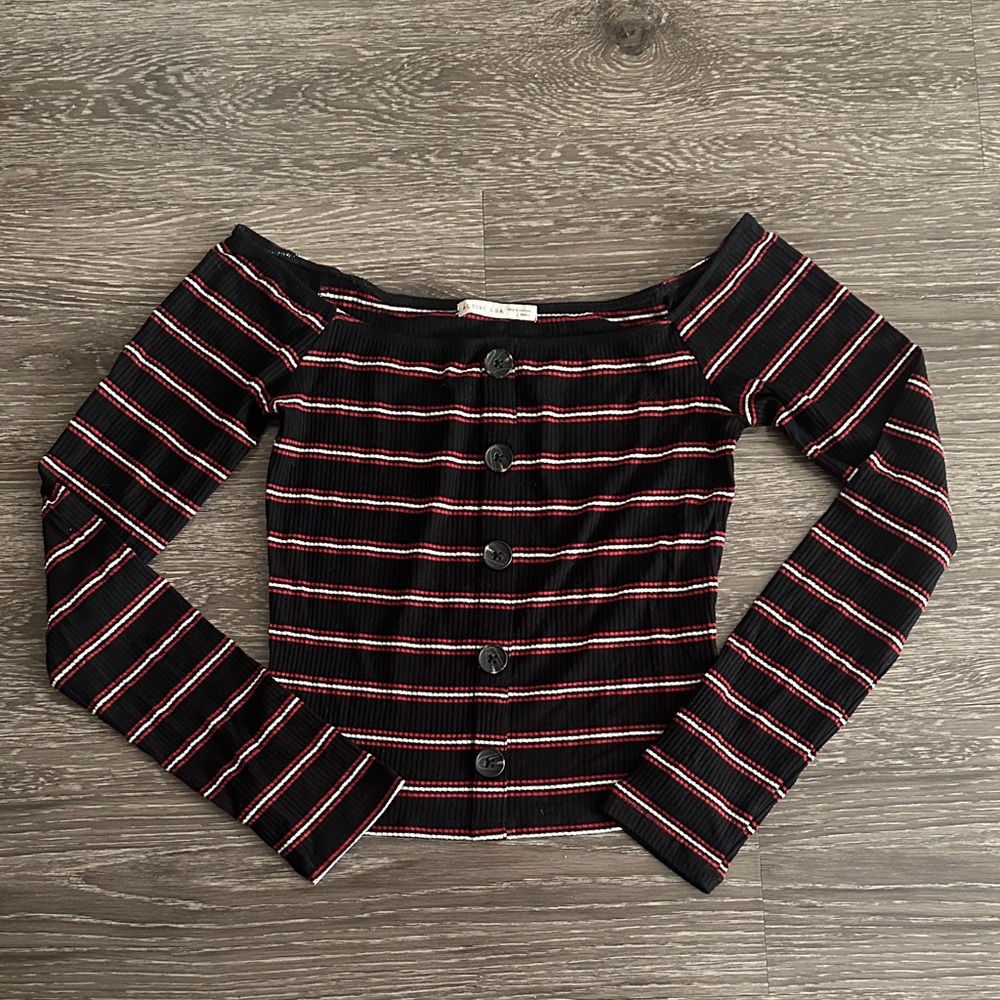 Active USA Black and Red Striped Off-the-shoulder Ribbed Long Sleeve Top